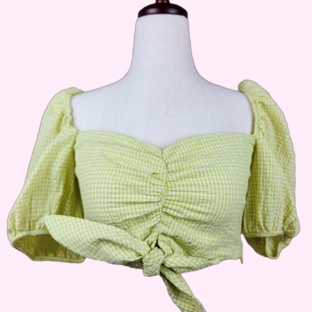 New Zara Gingham Cotton Puff Sleeve Tie Knot Front Smocked Cropped Bra Top Small